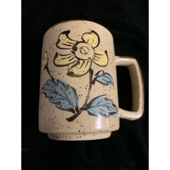 Vintage Hand Painted Speckled Yellow Brown Flower Stoneware Mug - 12 oz